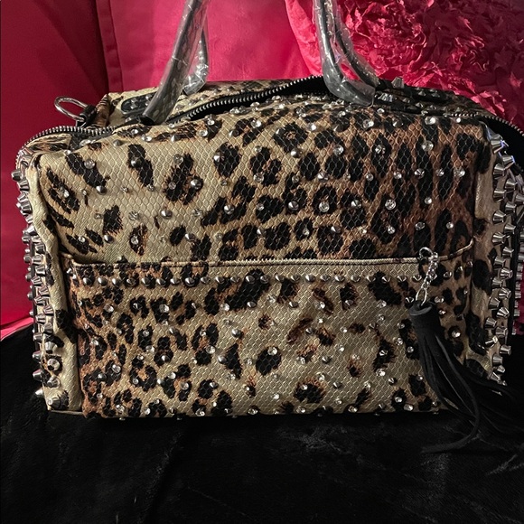 Handbags - Studded Leopard Print Tote Bag - Black & Brown